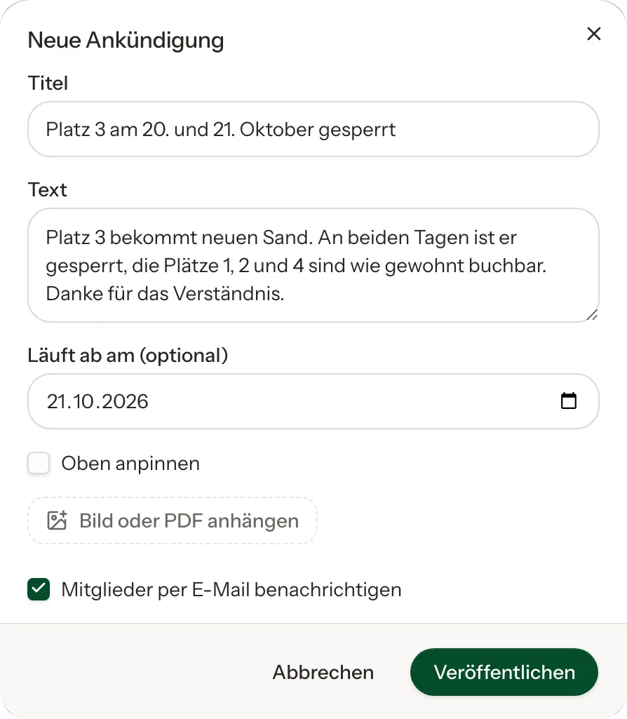 Dialog zum Erstellen einer Ankündigung mit dem Schalter „Mitglieder per E-Mail benachrichtigen“.