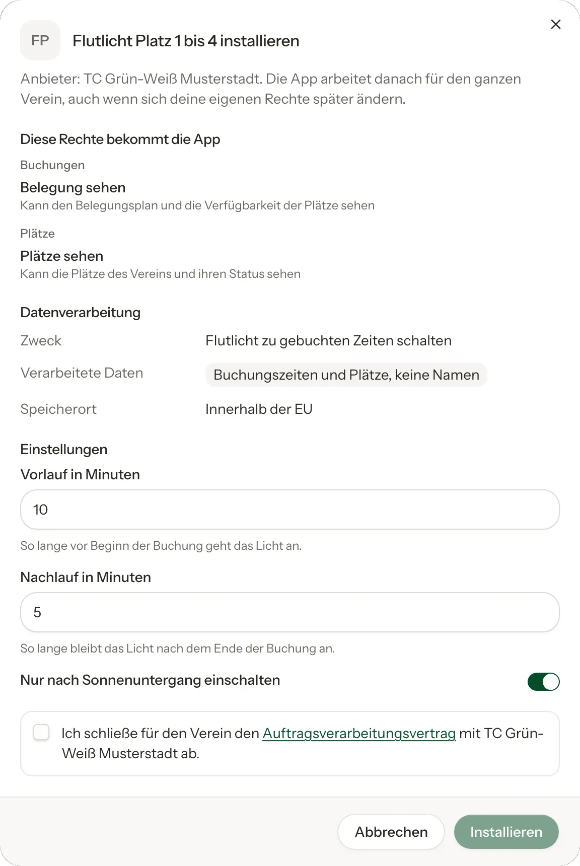 Installationsdialog einer App mit der Liste der Rechte, den Angaben zur Datenverarbeitung und dem Vertrag zur Auftragsverarbeitung.