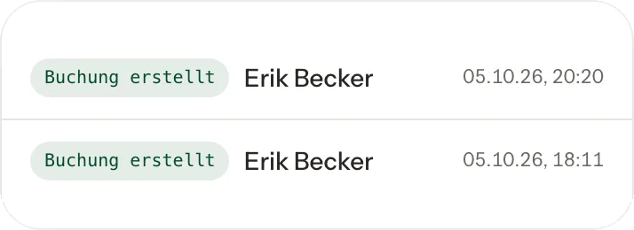 Protokoll mit den zwei neuesten Einträgen: Erik Becker hat zwei Buchungen erstellt, jeweils mit Zeitpunkt.