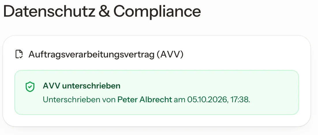 Bereich „Datenschutz & Compliance“: Auftragsverarbeitungsvertrag, digital unterschrieben vom Vorstand.