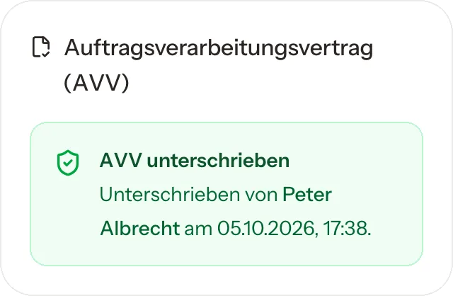 Bereich „Datenschutz & Compliance“: Auftragsverarbeitungsvertrag, digital unterschrieben vom Vorstand.