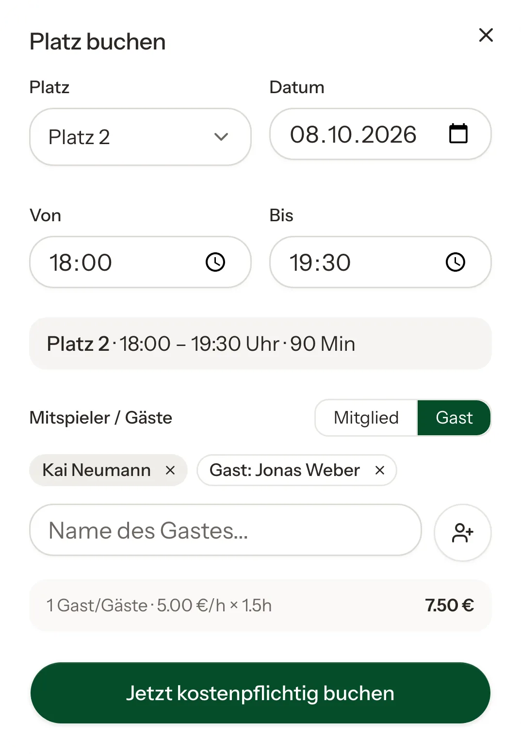 Buchung von Platz 2 am Donnerstag, 8. Oktober, von 18:00 bis 19:30 mit Mitspieler Kai Neumann und Gast Jonas Weber.