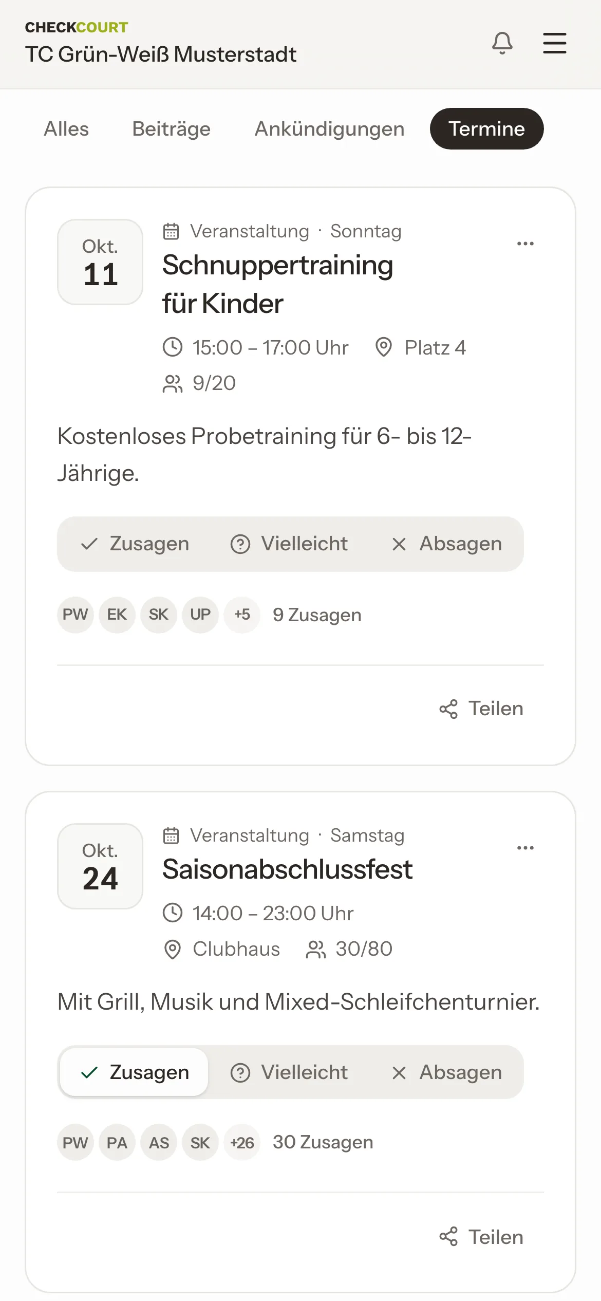 Termine am Handy: Schnuppertraining für Kinder und Saisonabschlussfest am 24. Oktober, jeweils mit Zusagen, Vielleicht und Absagen.