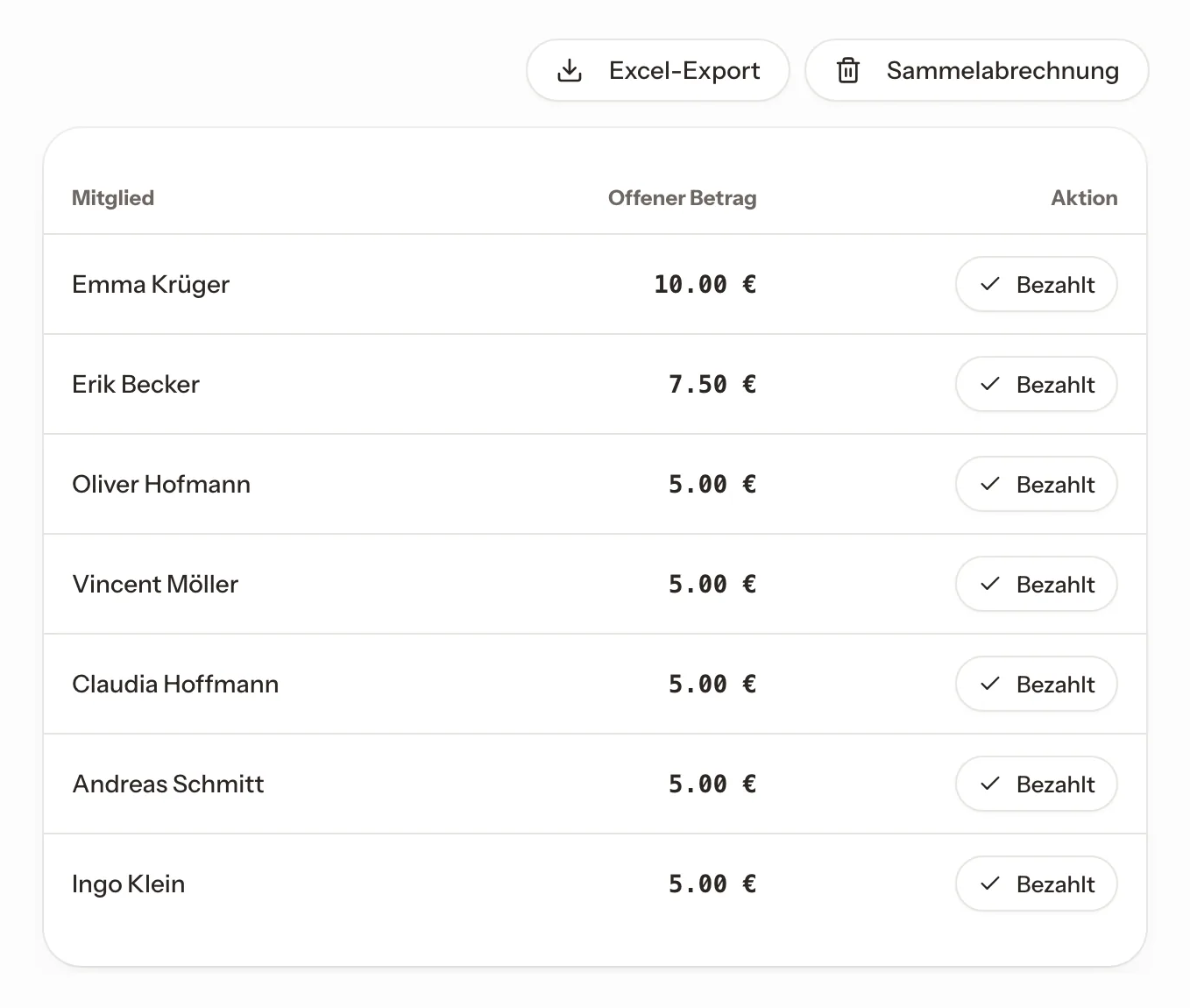 Übersicht der offenen Gebühren je Mitglied mit den Aktionen Excel-Export und Sammelabrechnung.