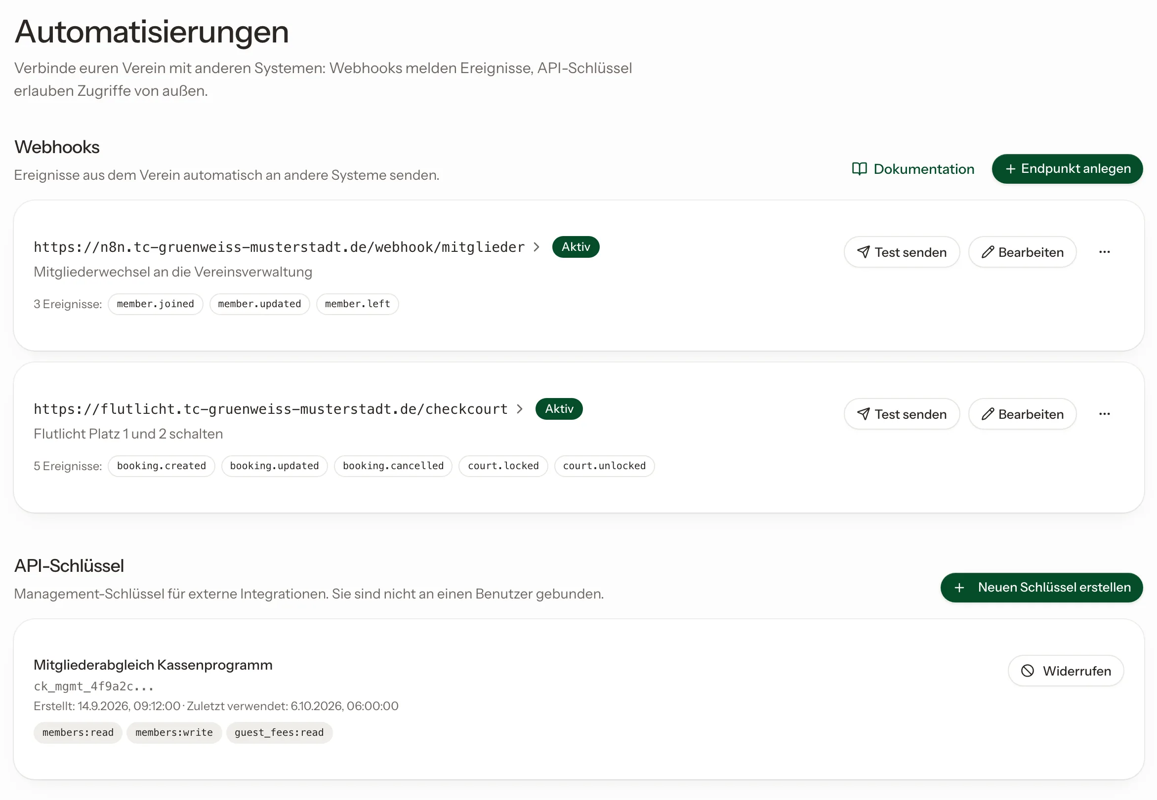 Liste der Zugangsschlüssel eines Vereins mit Name, Rechten und letzter Nutzung.