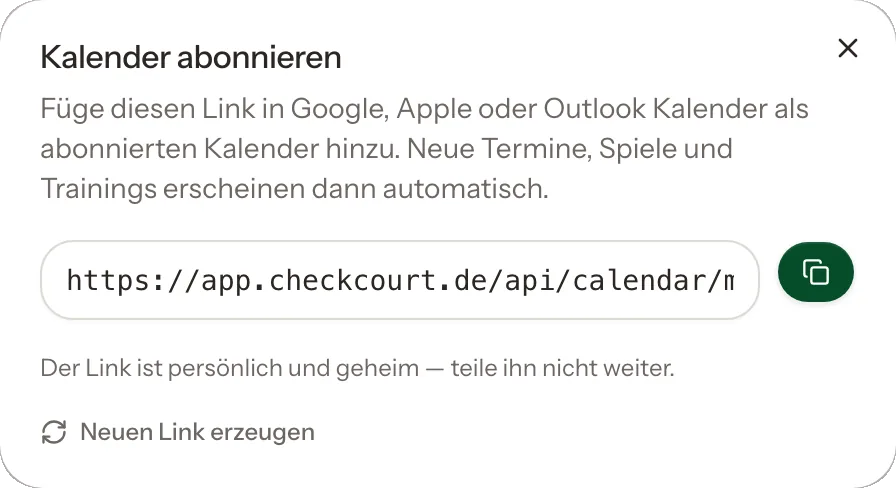Dialog zum Abonnieren des Vereinskalenders mit dem persönlichen Kalenderlink.