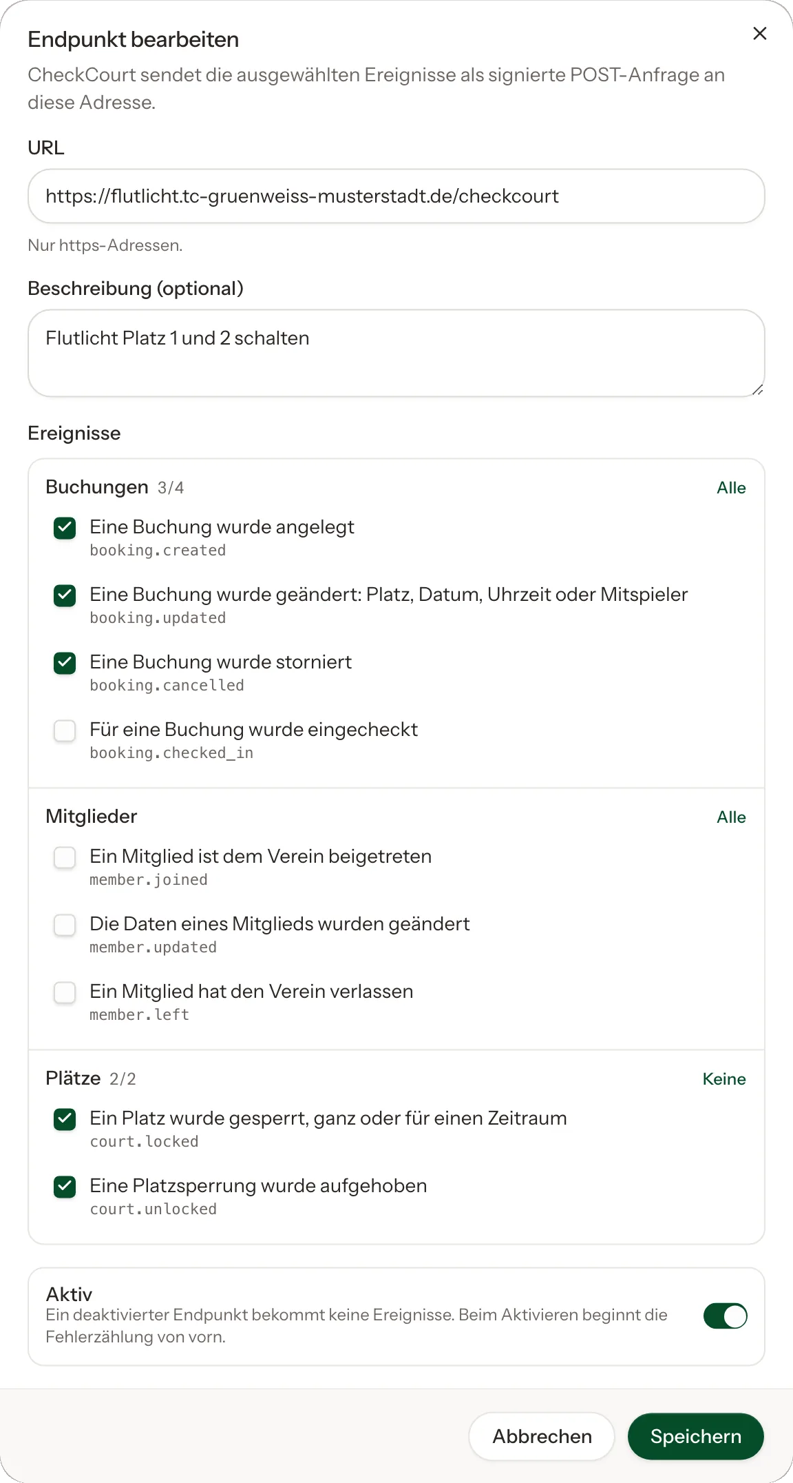 Auswahl der Ereignisse für einen Webhook, gruppiert nach Buchungen, Mitgliedern und Plätzen.