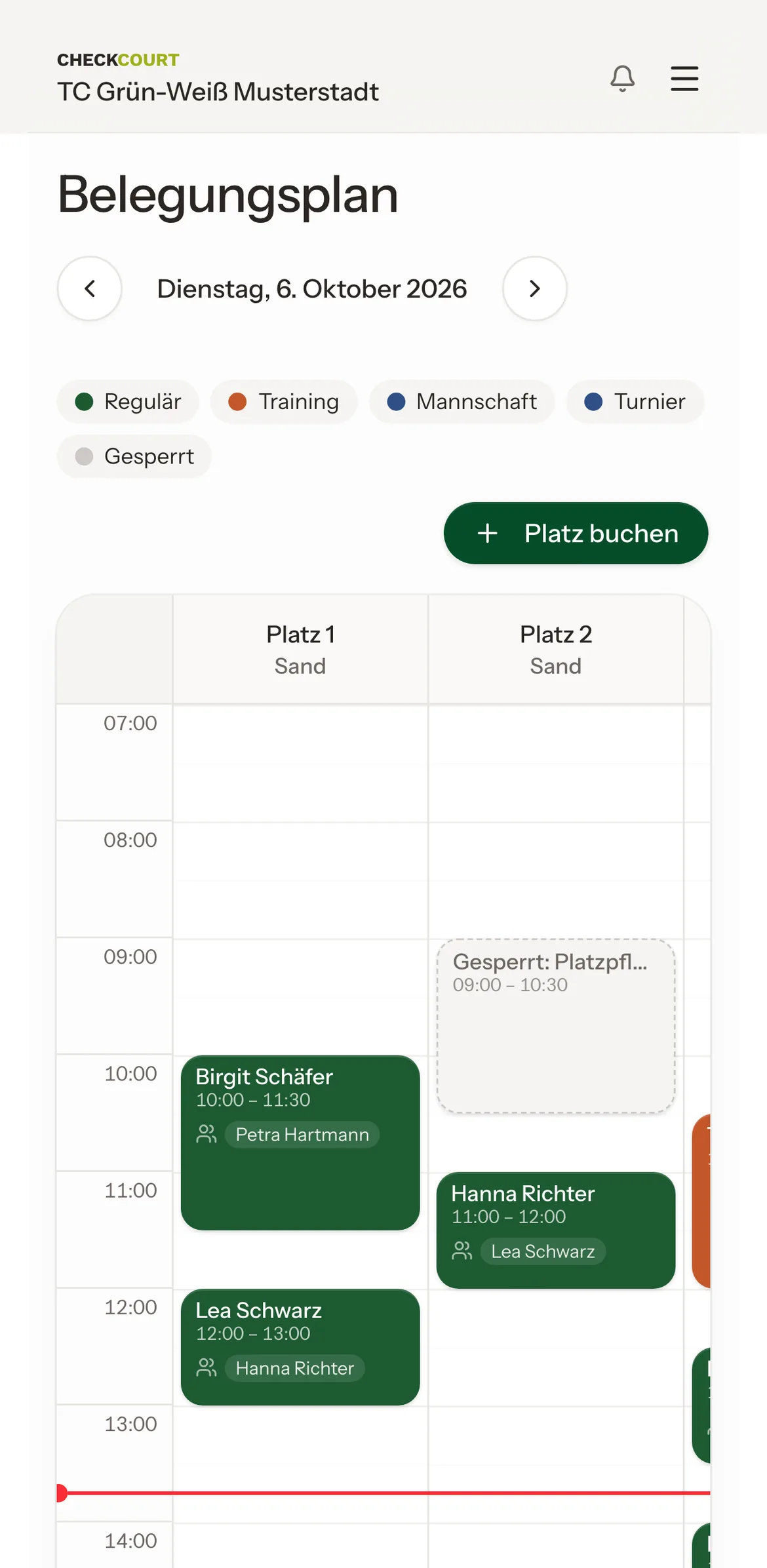 Belegungsplan am Handy für Dienstag, 6. Oktober, mit der Linie der aktuellen Uhrzeit.