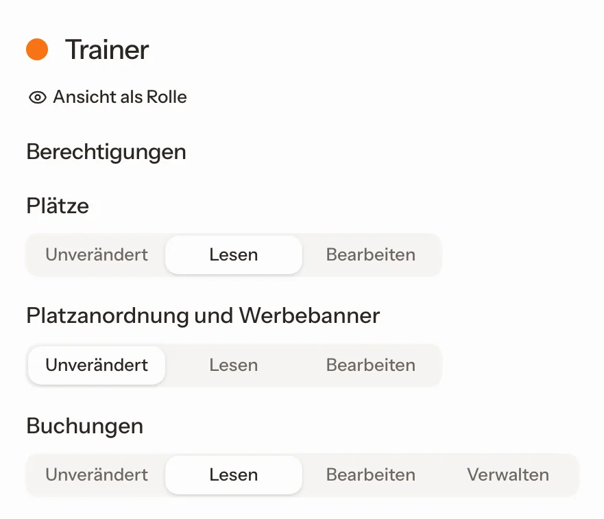 Rolle Trainer mit ihren Rechten je Bereich.