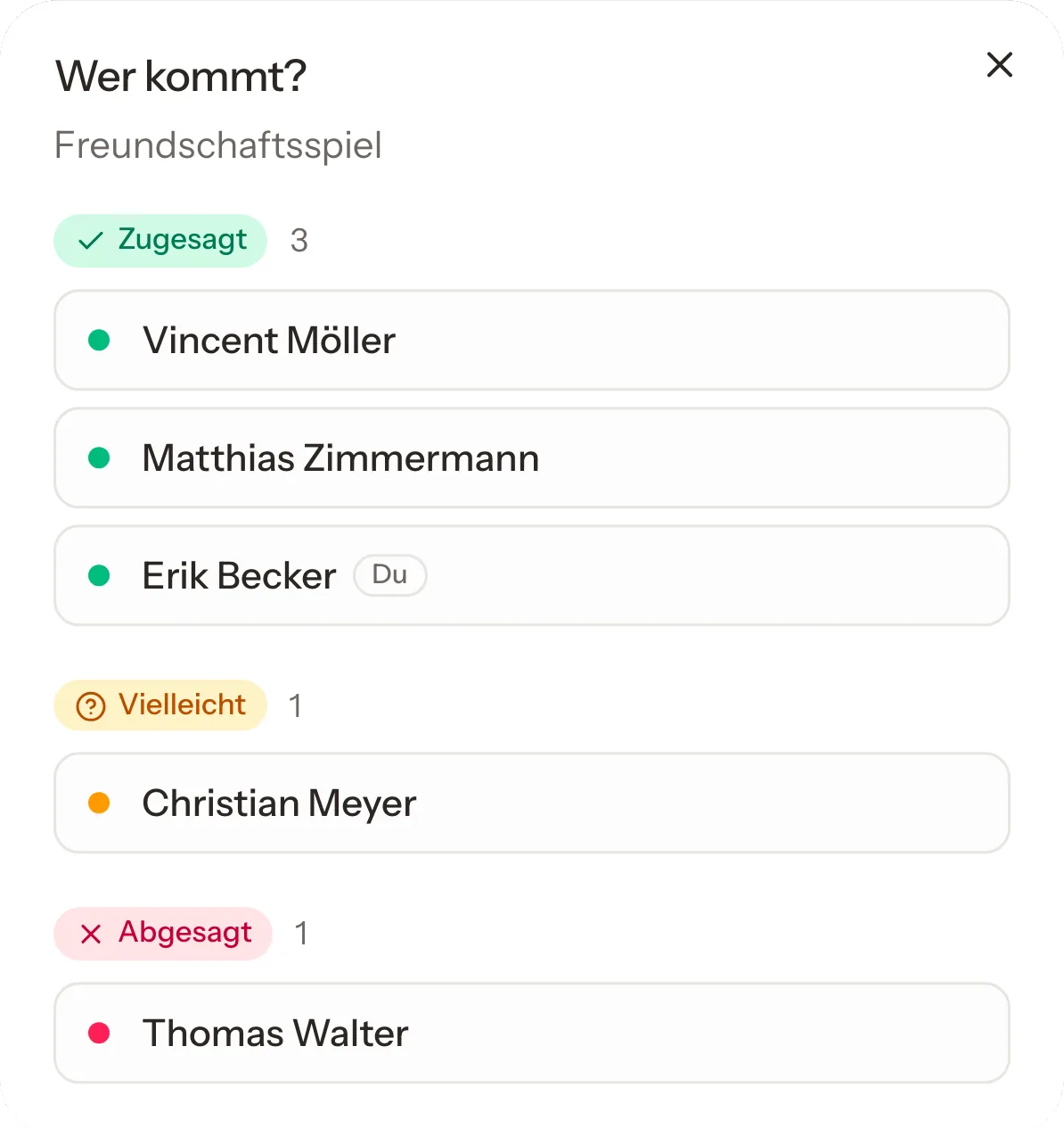 Wer kommt? für ein Freundschaftsspiel der Herren 30: zugesagt haben Vincent Möller, Matthias Zimmermann und Erik Becker, vielleicht Christian Meyer.