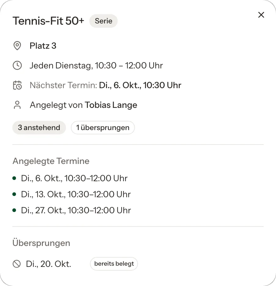 Trainerblock Tennis-Fit 50+ jeden Dienstag auf Platz 3.